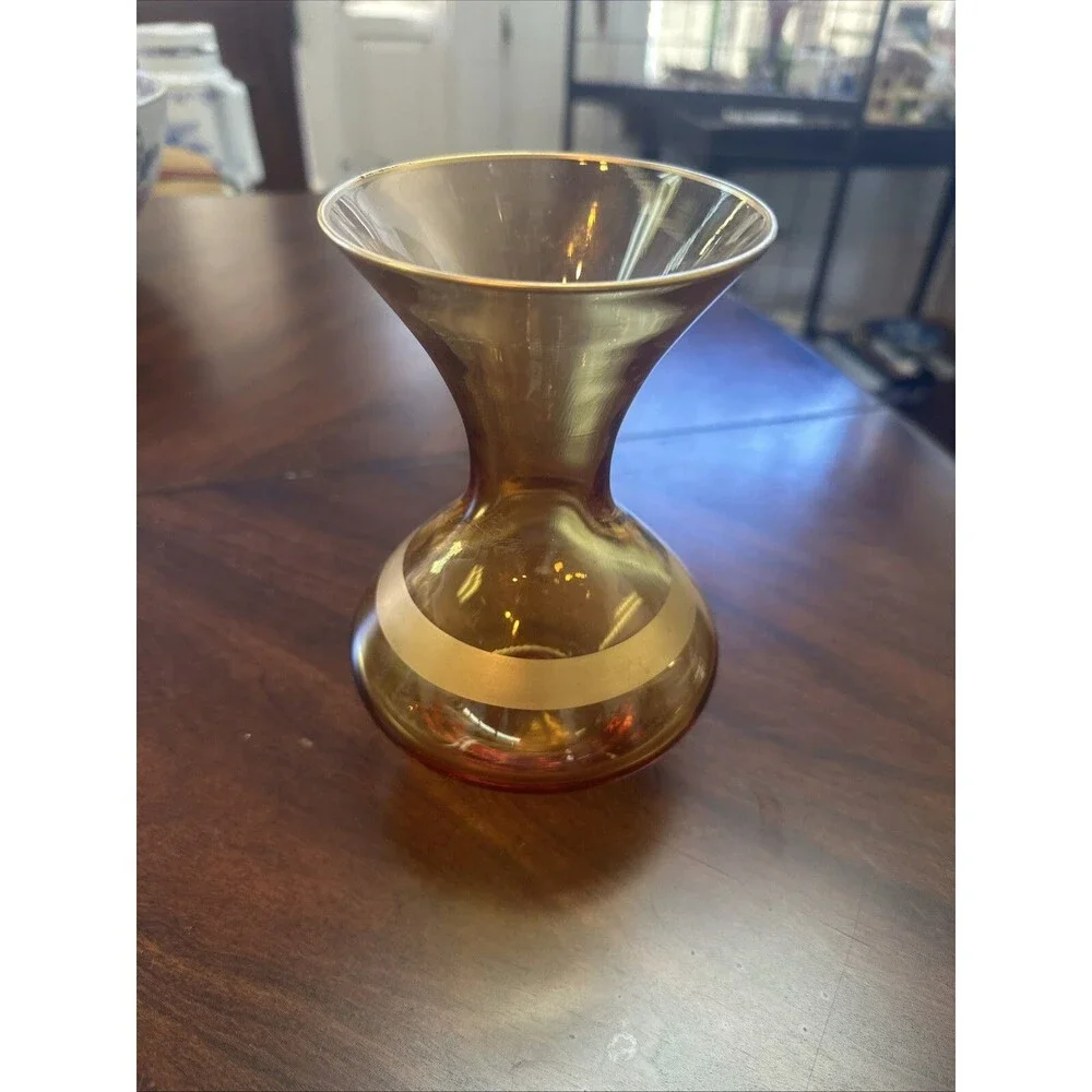 Mid century Glass Amber Vase w/ Gold band and trim 7